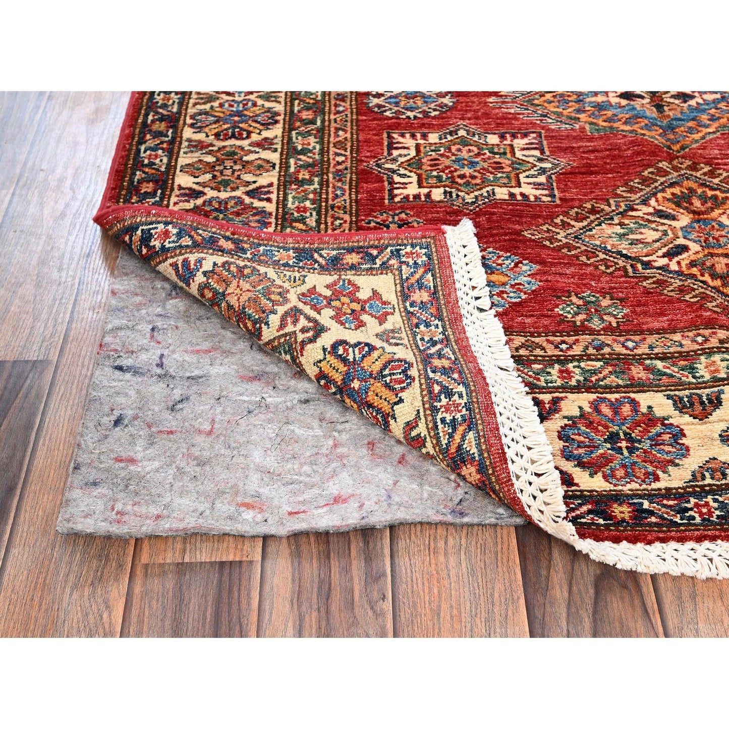 4'1"X5'9" Red Hand Knotted Afghan Super Kazak Medallions Design Wool Rug