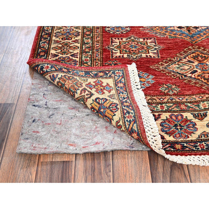 4'1"X5'9" Red Hand Knotted Afghan Super Kazak Medallions Design Wool Rug