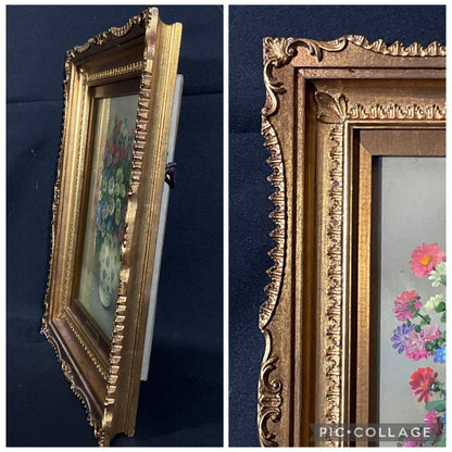 French Still Life Flowers Oil Painting in Vase Signed Framed by Andre Robert