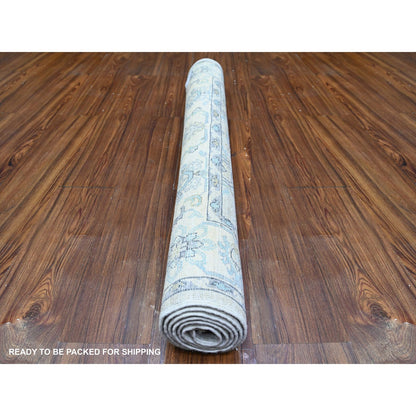 4'X5'9" Chrome Gray White Wash Peshawar With Motifs Wool Hand Knotted Rug