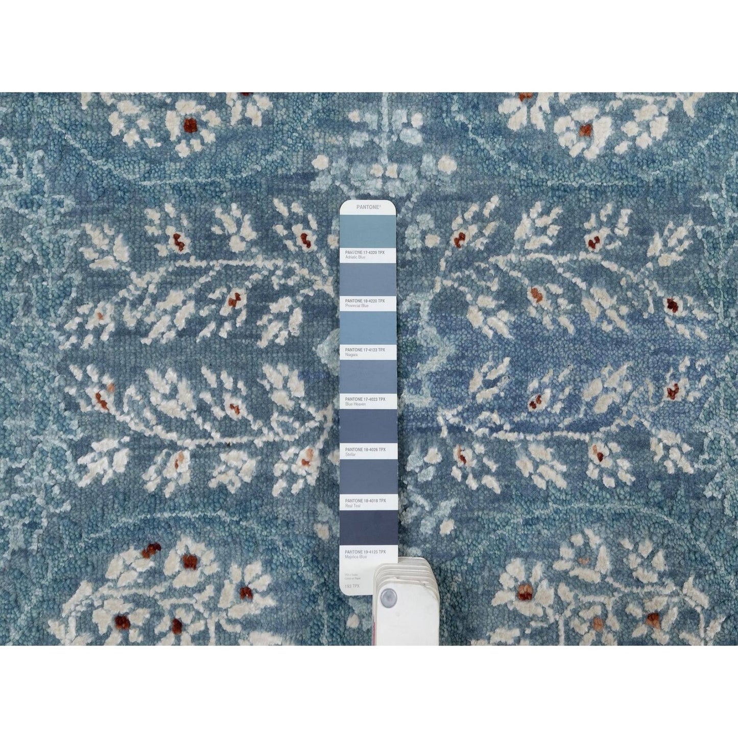 8'1"X10'1" Cerulean Blue Jewelry Design Wool And Silk Hand Knotted Rug