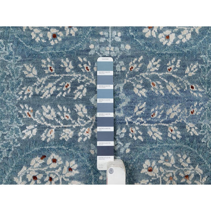 8'1"X10'1" Cerulean Blue Jewelry Design Wool And Silk Hand Knotted Rug