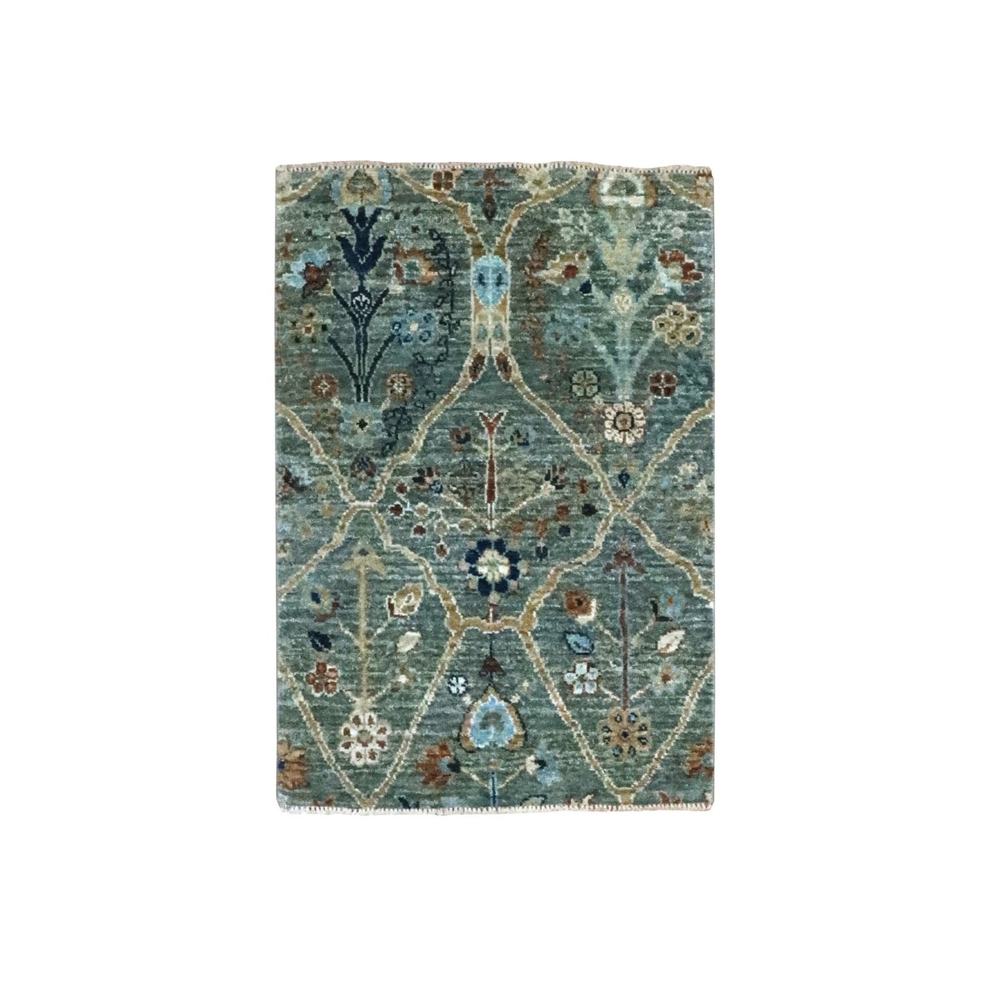 2'X3' Green Hand Knotted Mat Wool Rug Trellis Borderless Garden Design