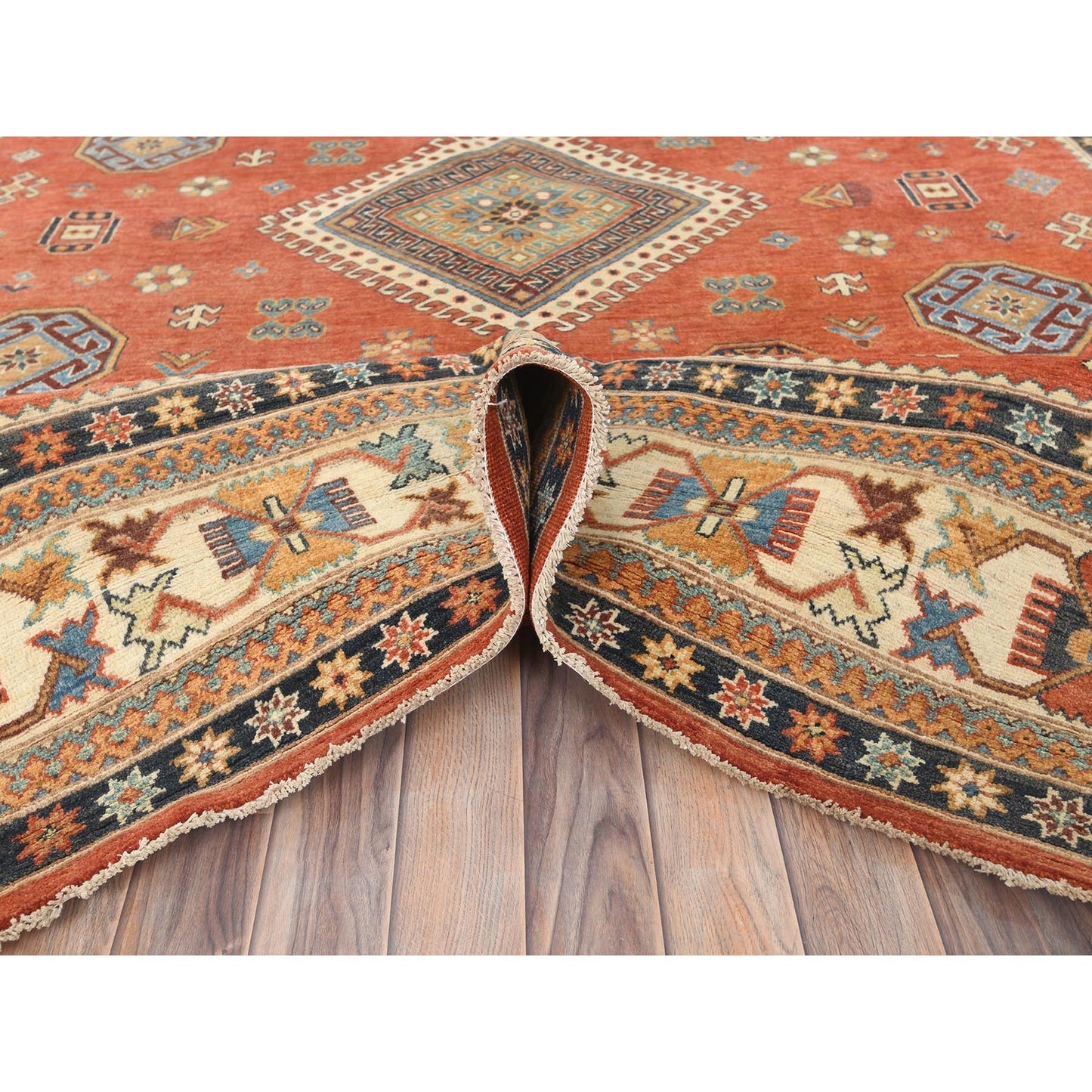 9'X11'9" Crimson Red Special Kazak Wool Hand Knotted Oriental Rug
