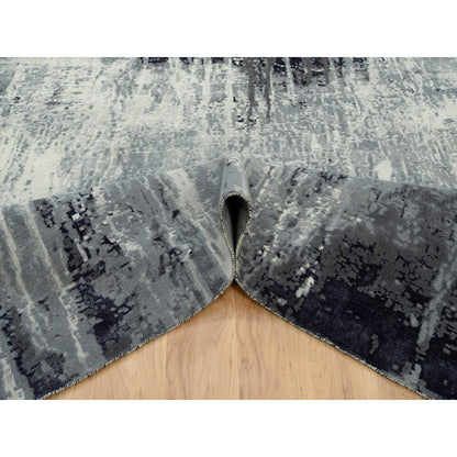 10'X10' Black Abstract Design Wool And Silk Hand Knotted Square Rug