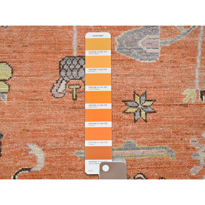 12'1"X14'6" Orange Khotan And Samarkand Design Hand Knotted Soft Wool Rug