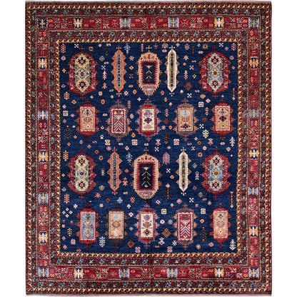 8'5"X9'8" Yale Blue Afghan Caucasian Design Revival Hand Knotted Wool Rug