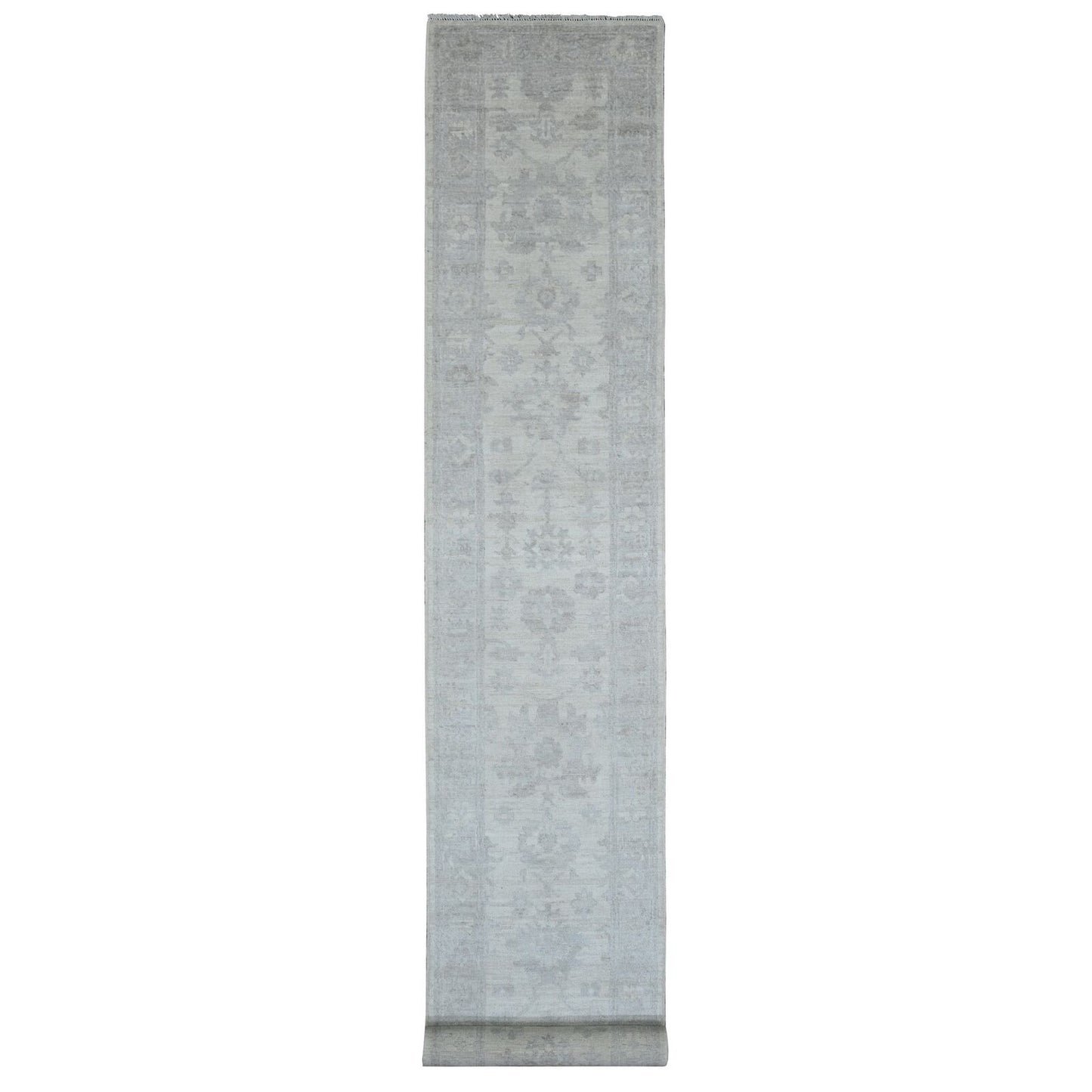 2'8"X19'5" White Afghan Angora Oushak Hand Knotted All Wool Runner Rug