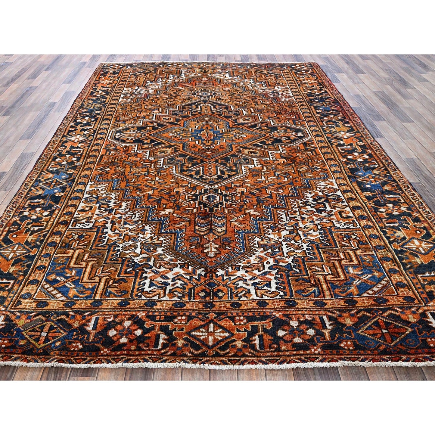 7'4"X10'1" Apricot Orange Vintage Zoroastrian Heris Wool Hand Knotted Rug