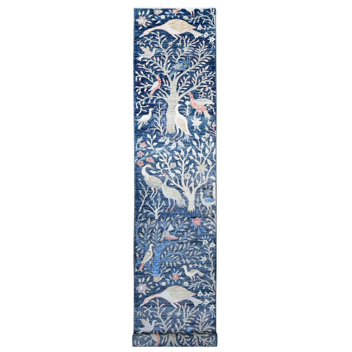 2'8"X16' Blue Afghan Peshawar Birds Design Hand Knotted Wool Runner Rug