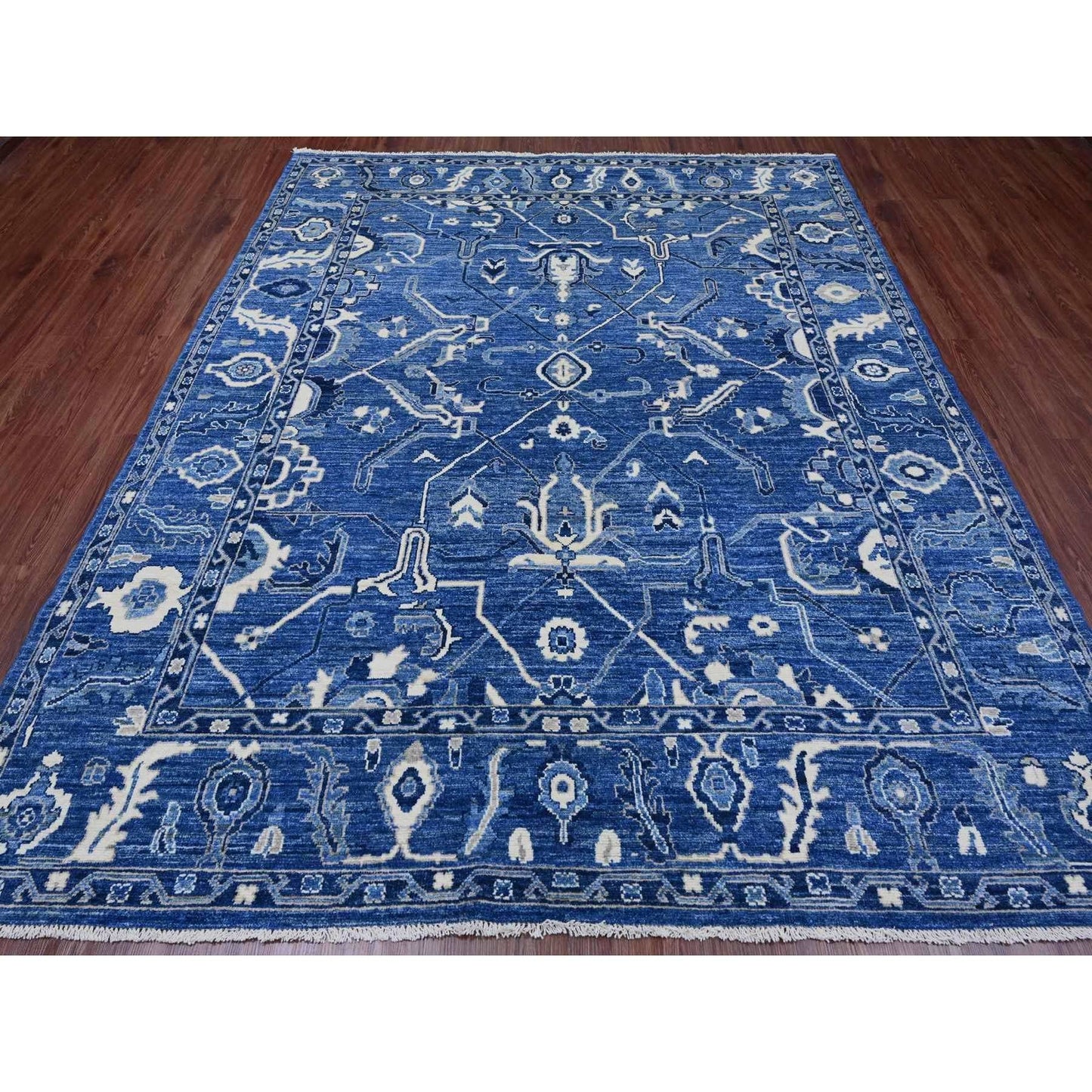 8'1"X9'8" Blue Hand Knotted Afghan Angora Oushak Vines Design Wool Rug