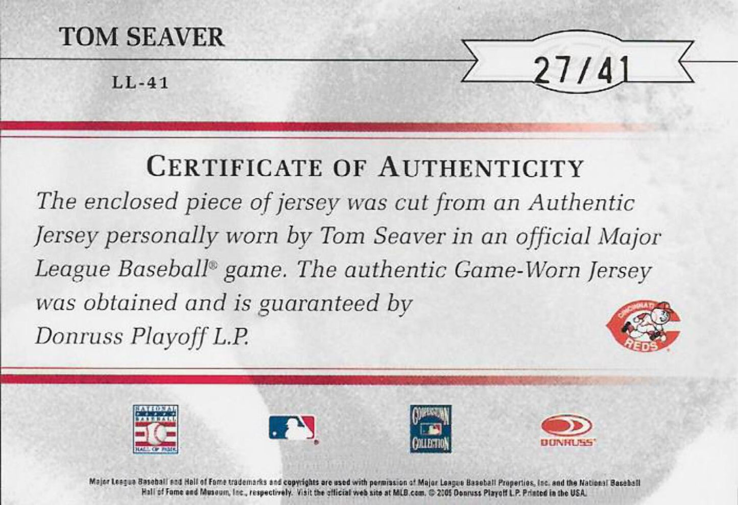 Tom Seaver 2005 Leaf Jersey Card #27/41