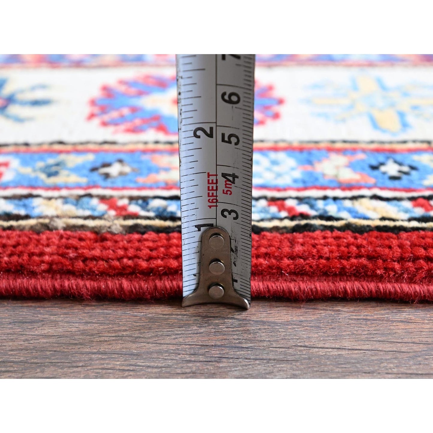 3'3"X4'10" Red Kazak With Geometric Design Hand Knotted Wool Oriental Rug