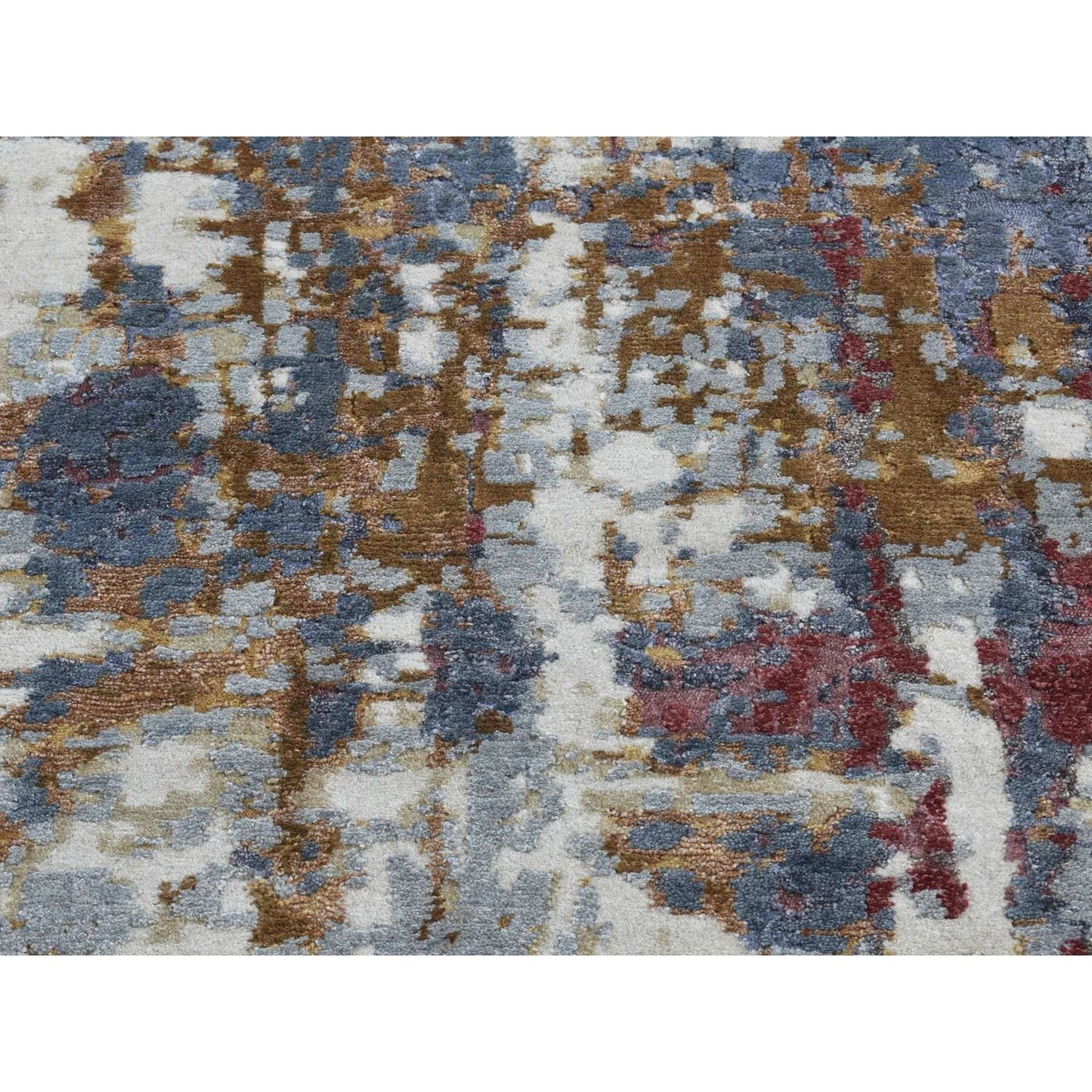 2'6"X10' Gray Modern Abstract Wool And Silk Hand Knotted Runner Rug