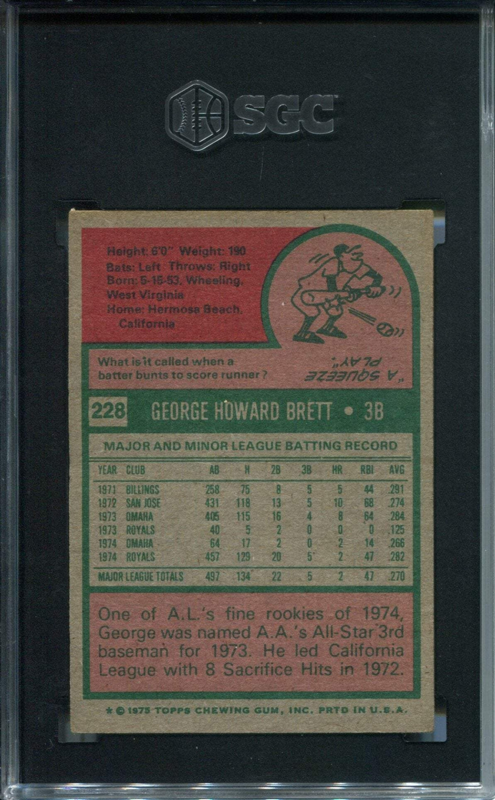 George Brett 1975 Topps #228 Sgc 3.5