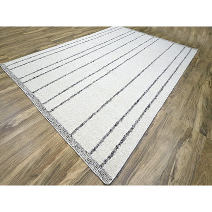 10'X14' White Moroccan Weave Line Design Textured Wool Hand Knotted Rug