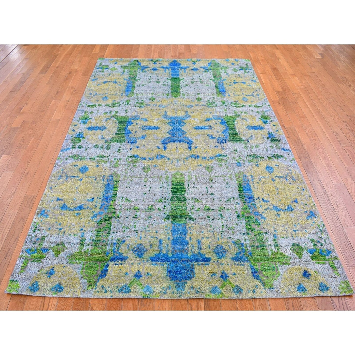 6'X9'4" Jewellery Design Sari Silk With Wool Colorful Hand Knotted Rug