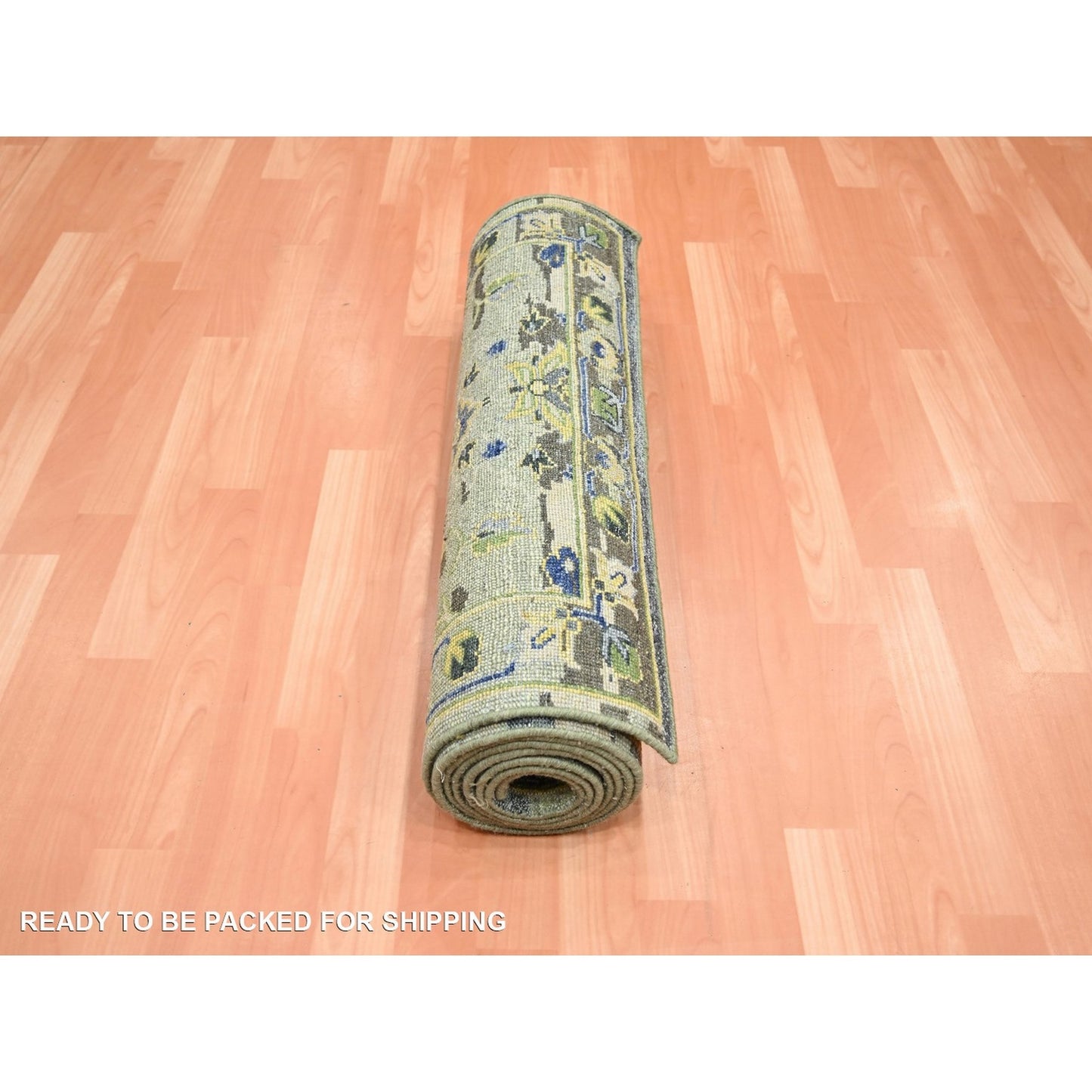 2'7"x10'5" Green Erased Zoroastrian Design Hand Knotted Wool Runner Rug