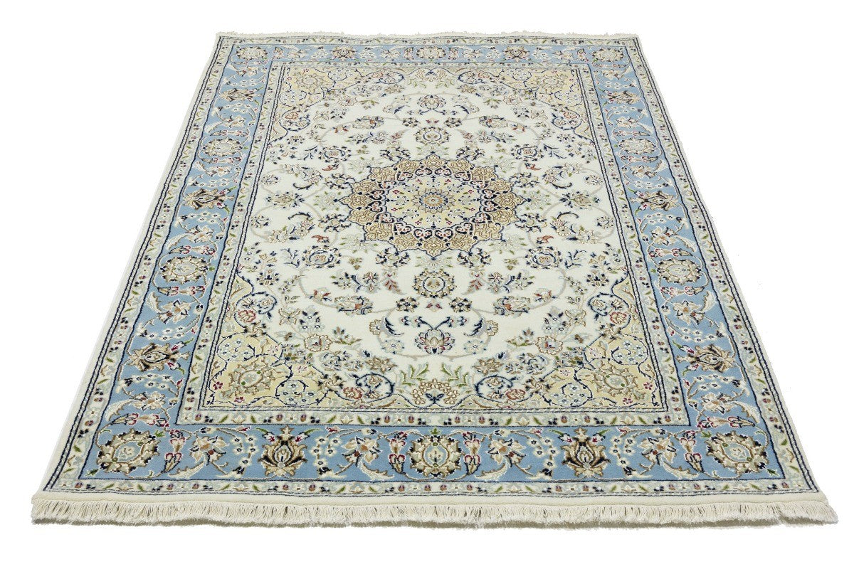 5X7 Handmade Indo-Nain Oriental Rug Cream Light Blue Floral Medallion Carpet