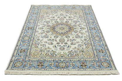 5X7 Handmade Indo-Nain Oriental Rug Cream Light Blue Floral Medallion Carpet