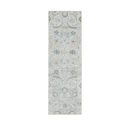 2'7"X8'2" Ivory Hand Knotted Sickle Leaf Design Silk/Wool Runner Rug