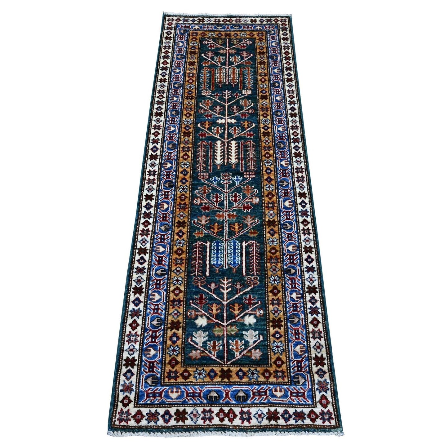 2'X5'8" Green Hand Knotted Wool Oushak Willow And Cypress Tree Runner Rug