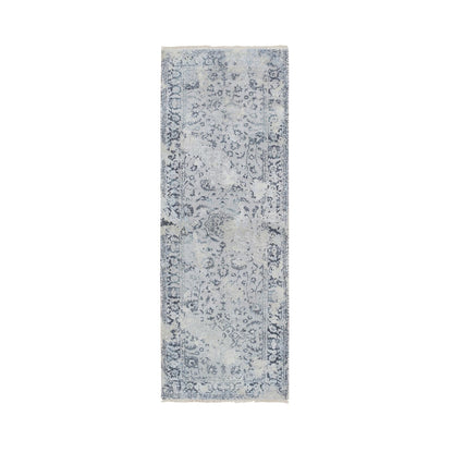 2'9"X7'8" Gray Silk/Wool Hand Knotted Broken Kishoon Design Runner Rug