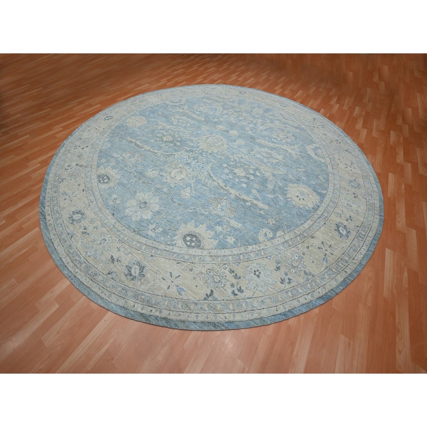 Blue Sickle Leaf Design Hand Knotted Wool Round Rug