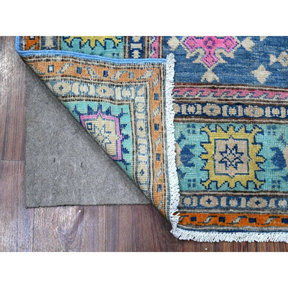 5'1"X6'4" Bayern Blue All Natural Wool Colorful Fusion Kazak Oriental Rug