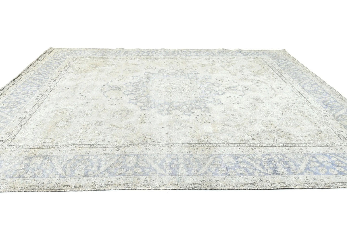 Muted Cream Distressed Handmade Oriental Rug 10x13 ft Vintage Farmhouse Carpet