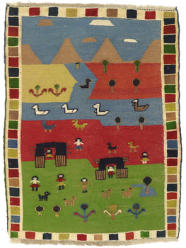 Carpet Multicolor 4X5 Tribal Pictorial Oriental Rug Hand-Curved Kilim Style