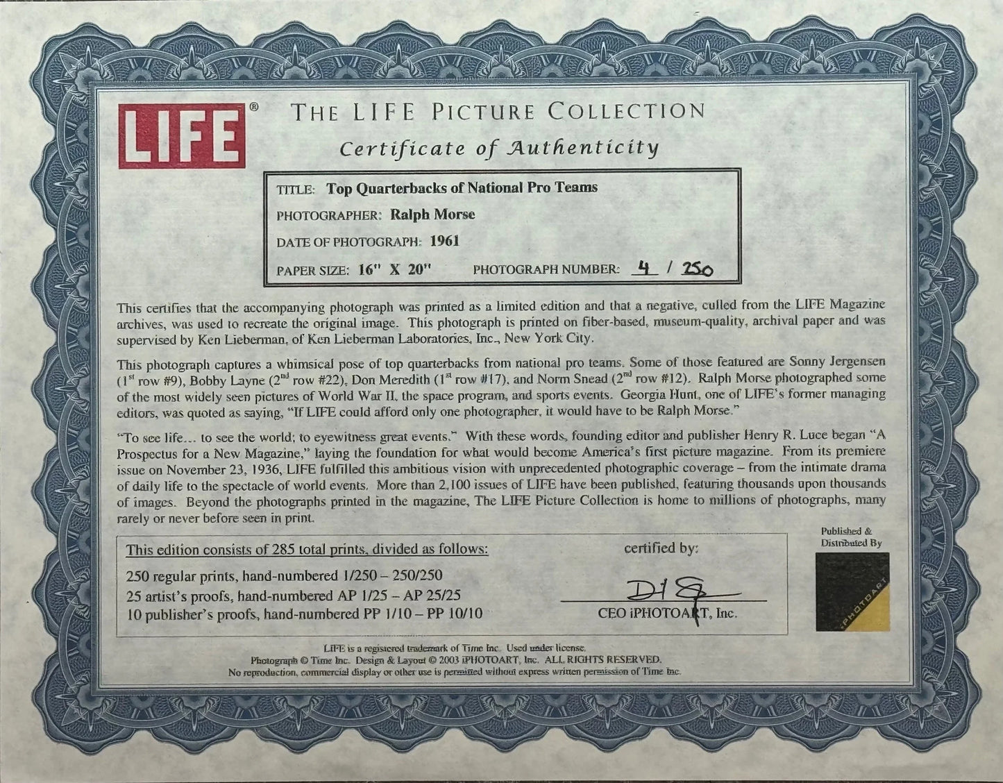 1961 Top Quarterbacks Of National Pro Teams 16X20 Photo