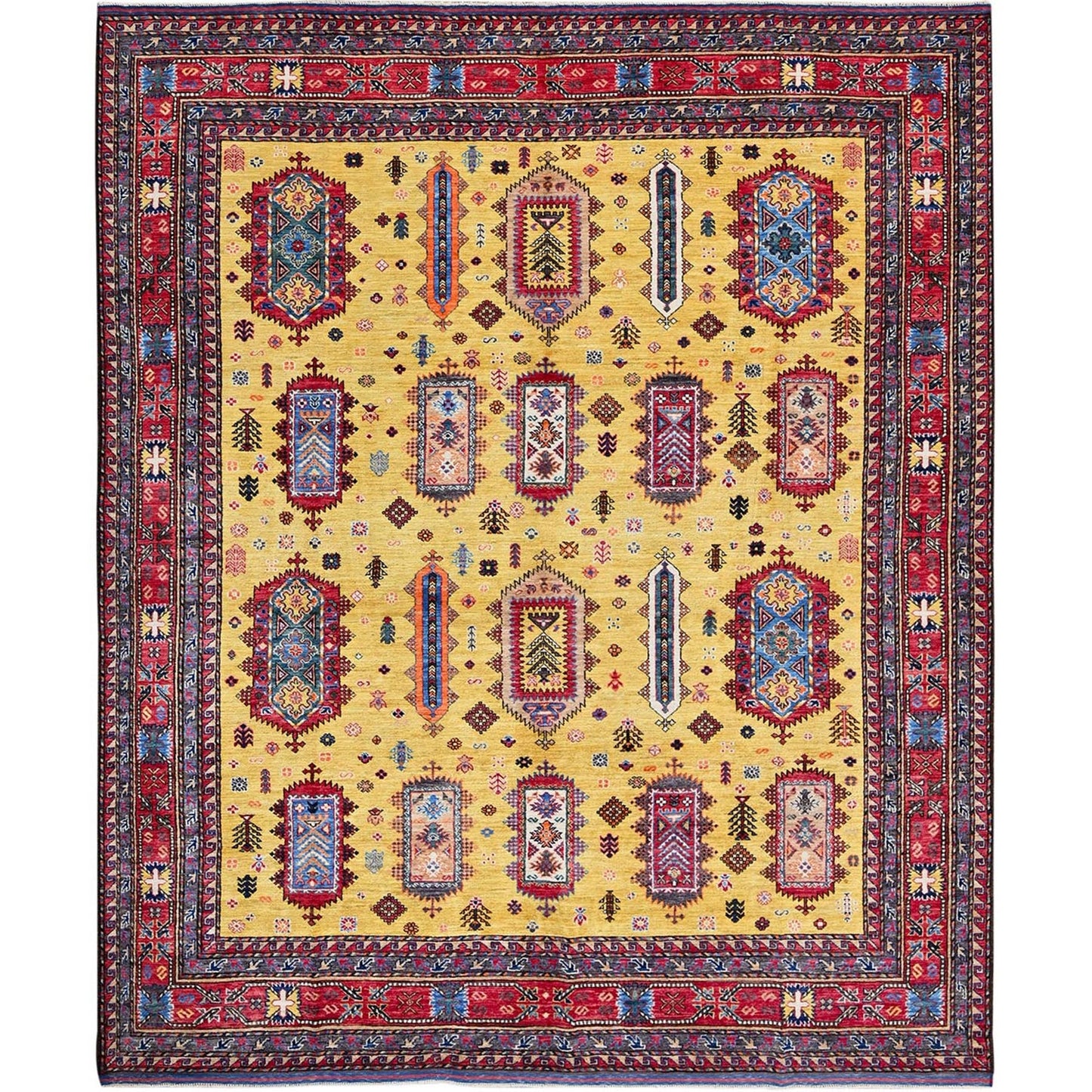 Soft Wool Hand-Knotted Afghan Rug in Yellow with Caucasian Design (8'3"x9'8")