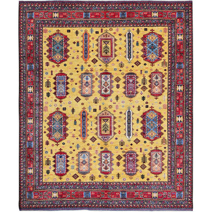 Soft Wool Hand-Knotted Afghan Rug in Yellow with Caucasian Design (8'3"x9'8")