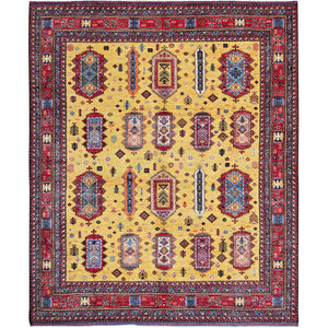 Soft Wool Hand-Knotted Afghan Rug in Yellow with Caucasian Design (8'3"x9'8")