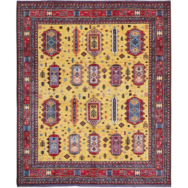 Soft Wool Hand-Knotted Afghan Rug in Yellow with Caucasian Design (8'3"x9'8")