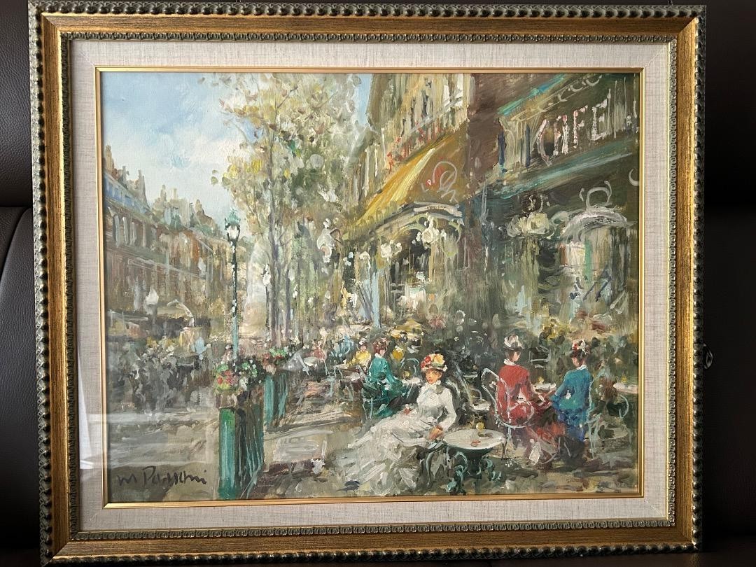 Mario Passoni (Italy) "Caf De Paris" Original Oil Painting On Canvas Signed Coa