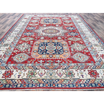 9'1"X11'9" Berry Red Kazak With Geometric Design Hand Knotted Soft Wool Rug