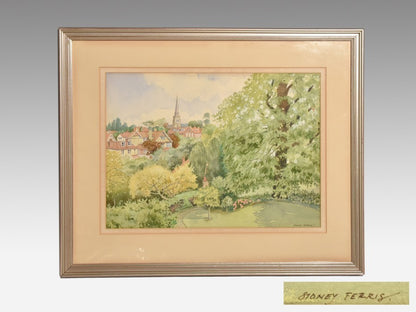 Ferris Honey Large British Signed Village Watercolor Framed Church Landscape