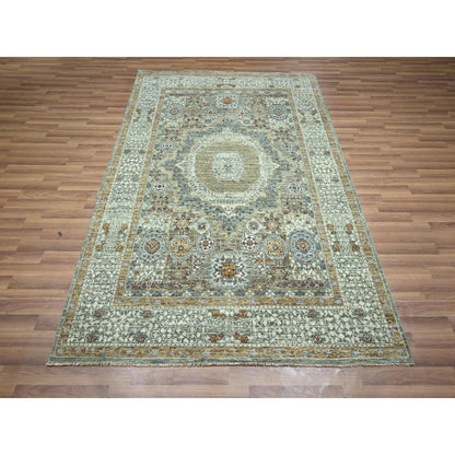 5'2"X7'2" Sage Green Pure Wool Rug Pre Historic Mamluk Design Hand Knotted