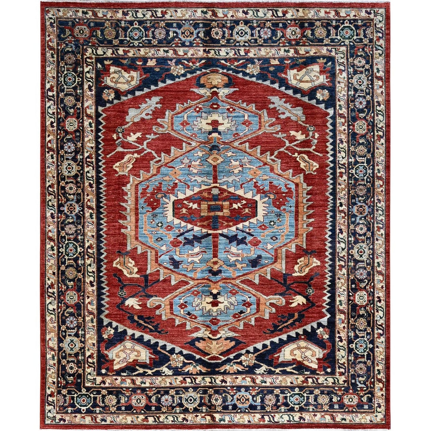 8'1"X9'8" Scarlet Red Peshawar Heris Hand Knotted High Mountain Wool Rug