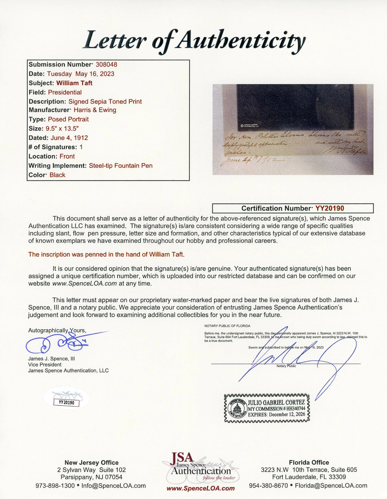 William Howard Taft Autographed Framed Original White House Harris & Ewing Photo