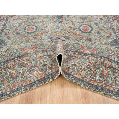8'X10'1" Taupe Hand Knotted Striae Pattern Silk Textured Wool Rug