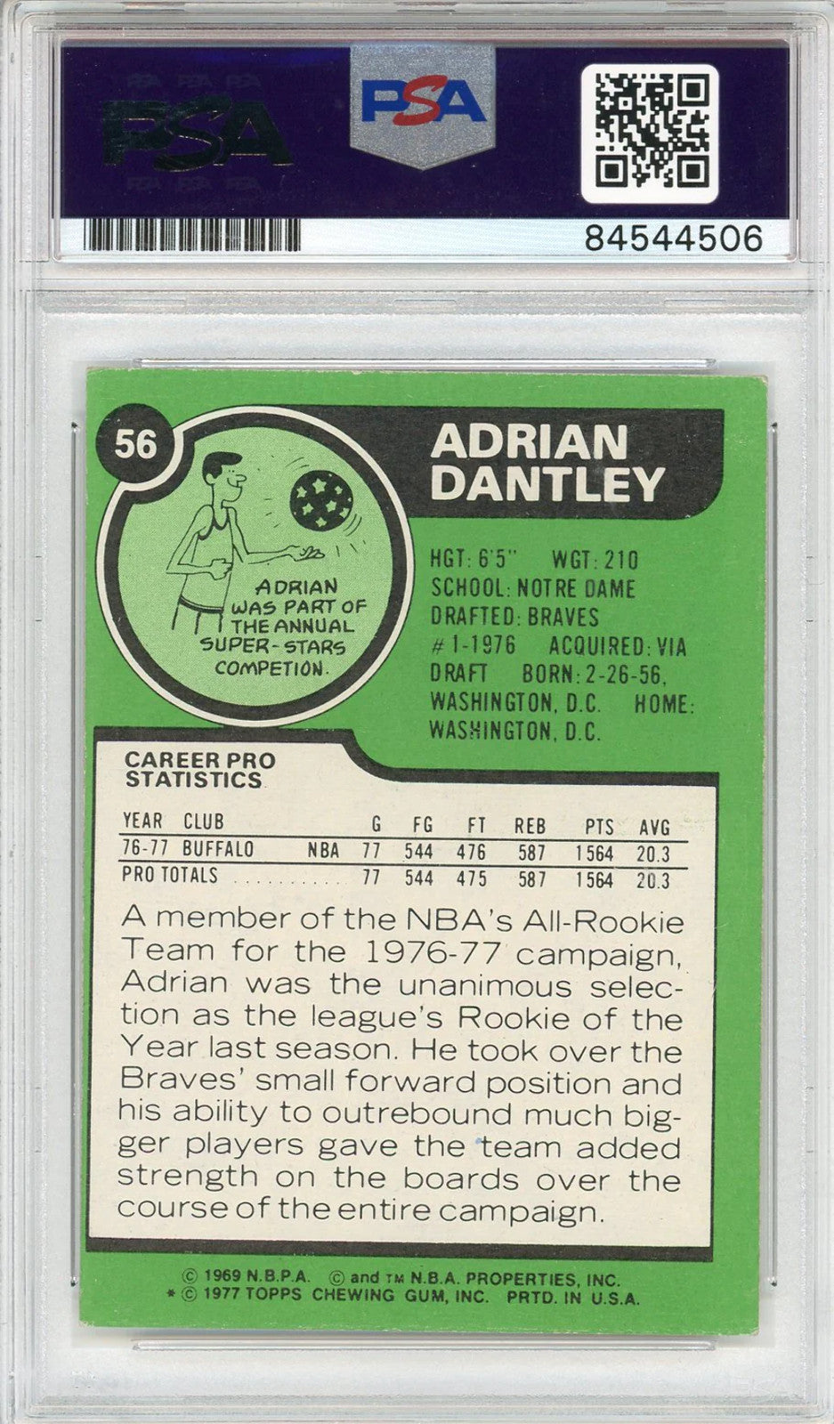 Adrian Dantley Autographed 1977 Topps Card #56 (Psa Auto 10)