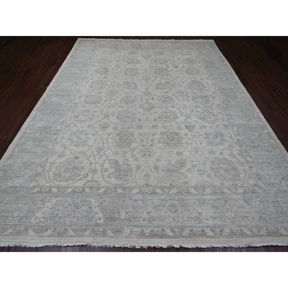 9'2"X11'10" White Washed Out Peshawar Leaf Design Hand Knotted Wool Rug