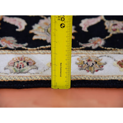 2'7"X10' Black Wool Silk Hand Knotted Rajasthan Leaf Design Runner Rug