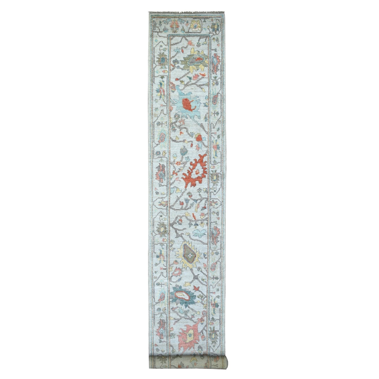 2'6"X16'1" Gray, Pure Wool Hand Knotted Afghan Angora Ushak Xl Runner Rug