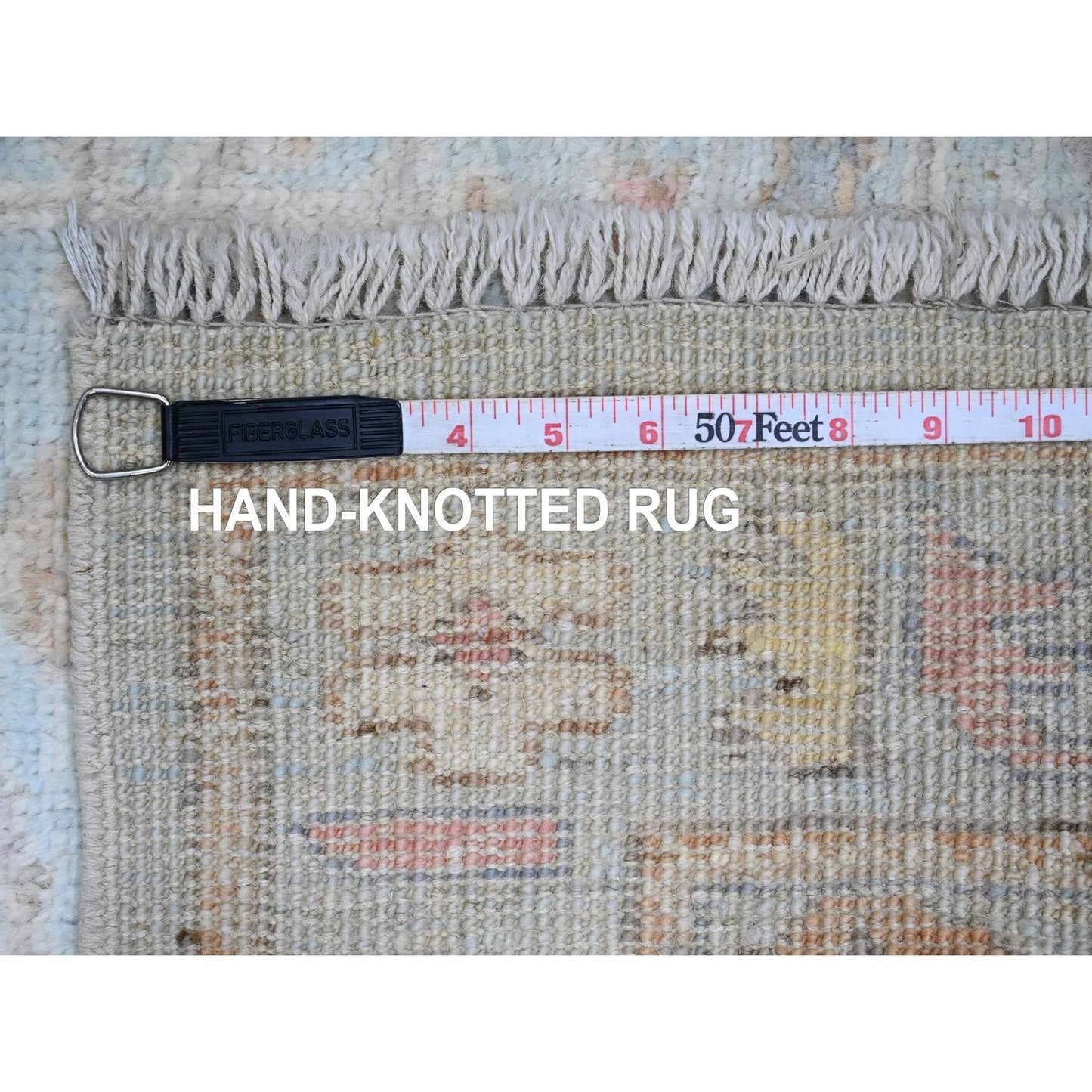 3'X9'6" Blue Hand Knotted Afghan Angora Oushak Leaf Motif Wool Runner Rug