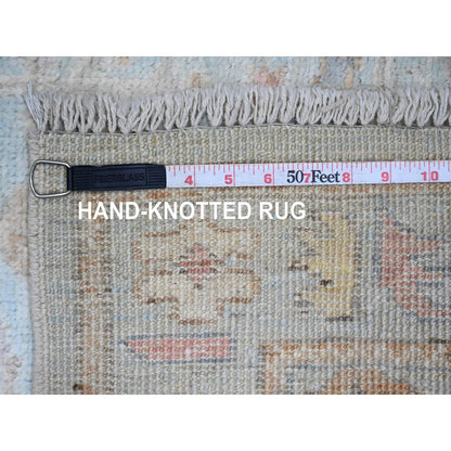 3'X9'6" Blue Hand Knotted Afghan Angora Oushak Leaf Motif Wool Runner Rug