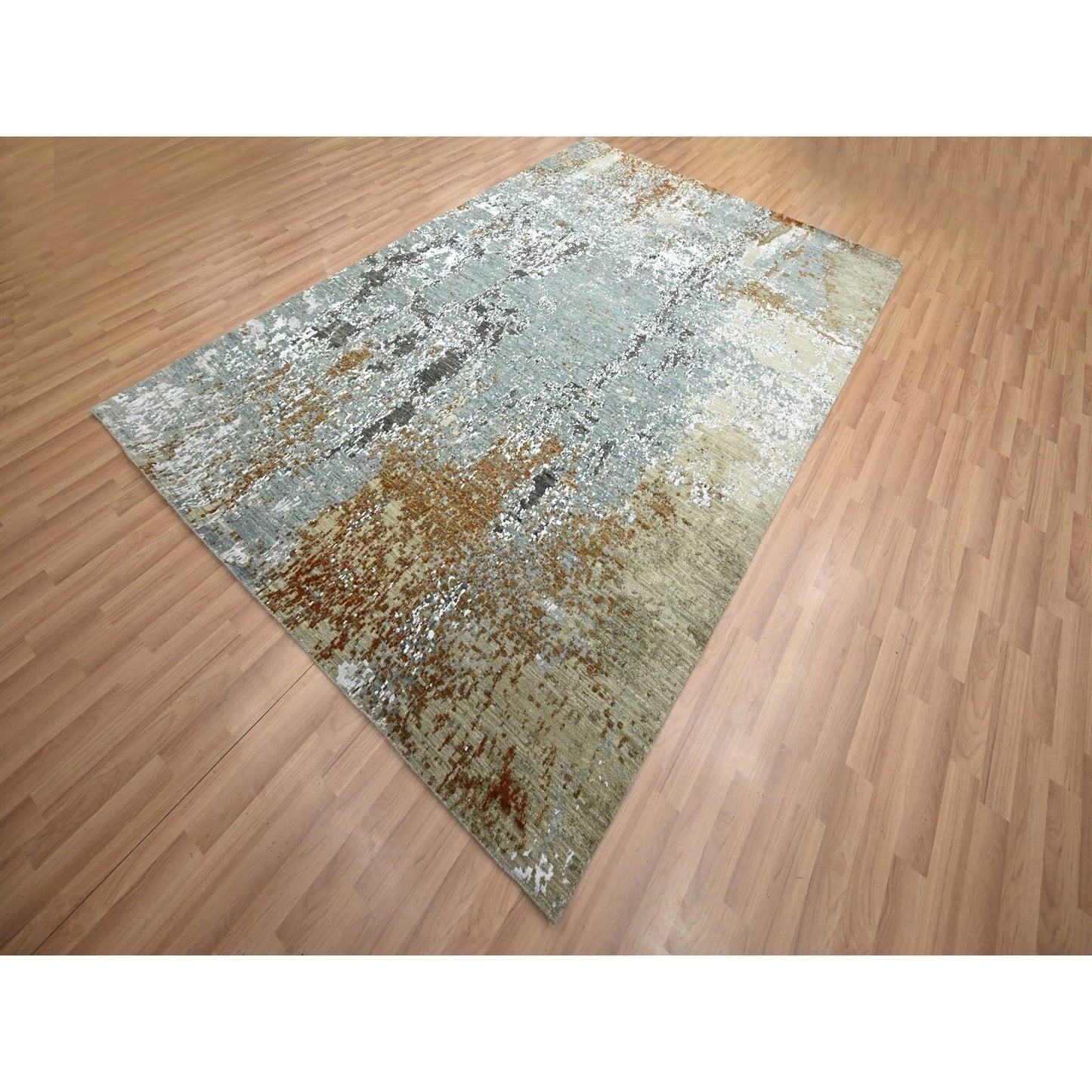 6'1"X9'1" Gray-Brown Abstract Design Pure Wool Hand Knotted Oriental Rug